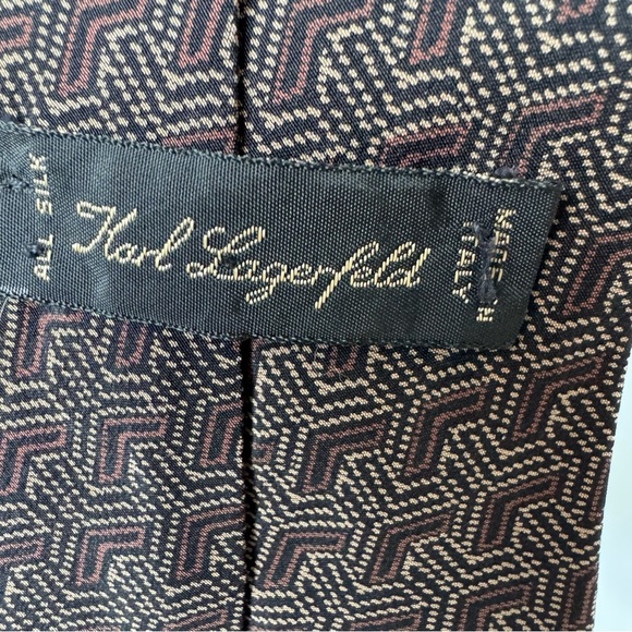 Vintage Silk Karl Lagerfeld Men’s Tie Black Brown Geometric Pattern - Picture 4 of 6